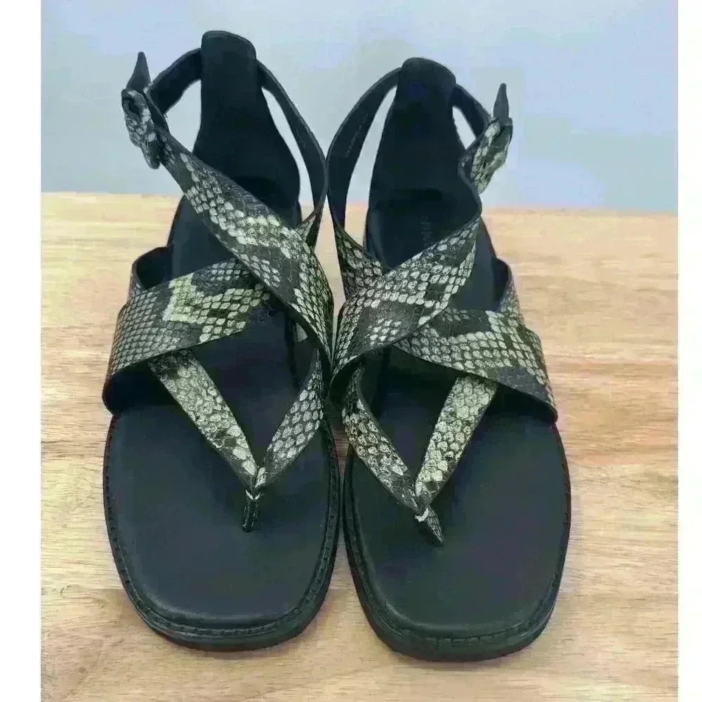 Vince Morris Strappy Leather Snake Skin Pattern Flat Sandals Militaire Color 9.5